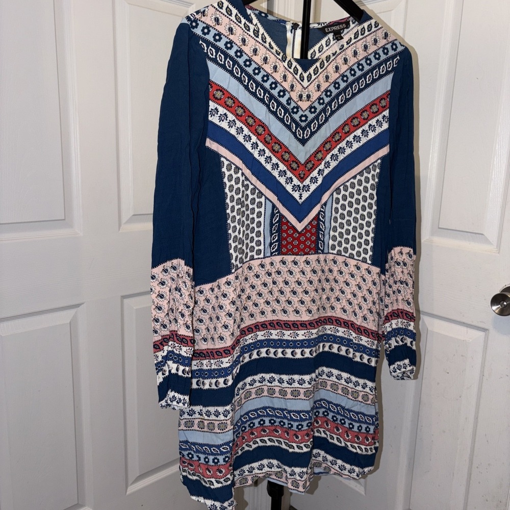 Womens Express Patchwork Boho Long Sleeve Shift Dress Med Soft Flowy Boho Aztec‎